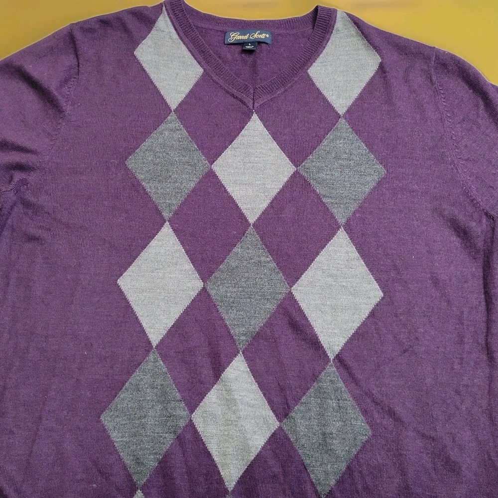 Garret Scott Argyle Sweater Men's Large Merino Wool Blend V Neck Preppy Golf